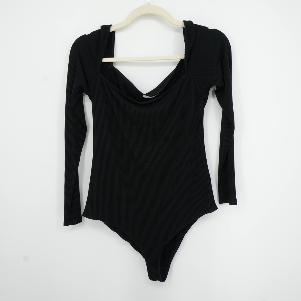 Reformation Jeans‎ Bodysuit Womens XL Black Ribbed Draped Sweetheart Long Sleeve
